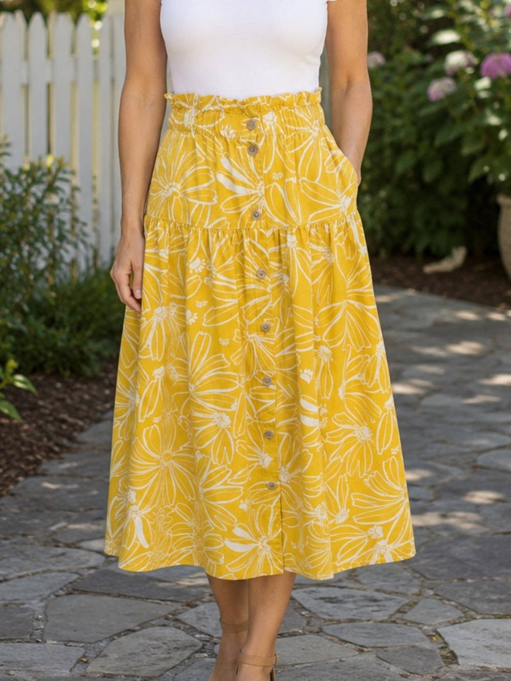 Universal Thread Linen Yellow Midi Skirt Floral Button Front XS pockets